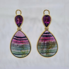 18ct Yellow Gold Rainbow Tourmaline and Rhodolite Garnet Earring Pendants